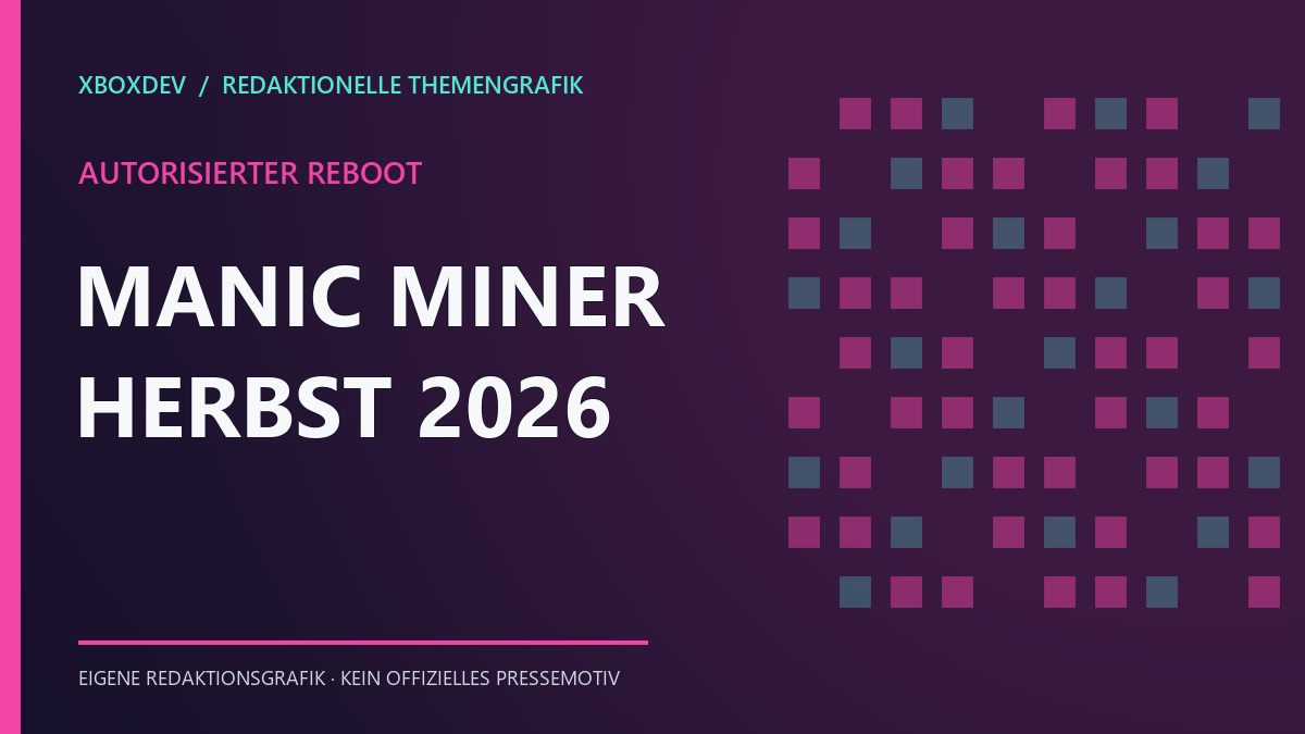 Pixel-Themengrafik mit dem Schriftzug Manic Miner Reboot 2026