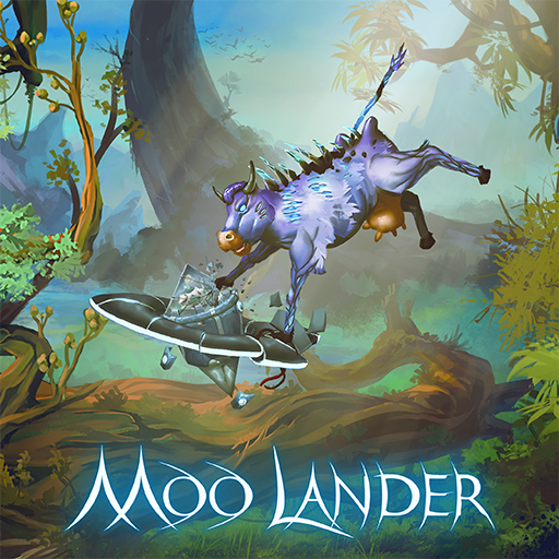 Moo Lander mit dem Kuh-Helden und einer außerirdischen Landschaft