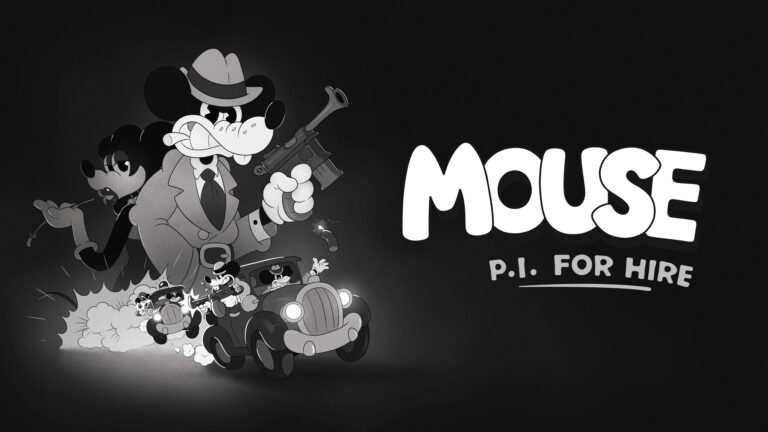 MOUSE: P.I. For Hire mit Schwarz-Weiß-Comicstil und Detektivmotiv