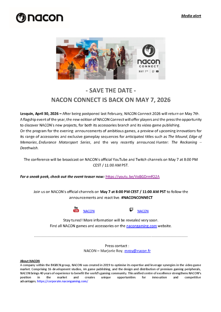 Offizielle NACON-Connect-Ankündigung für den 7. Mai 2026