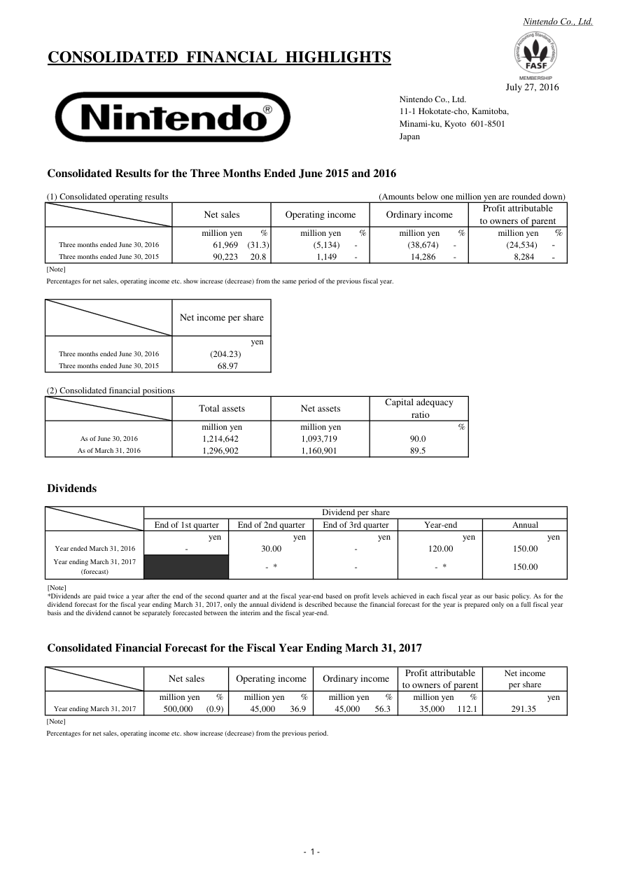 Nintendo-Finanzbericht zum ersten Quartal 2016 - Bild: Nintendo Co., Ltd.