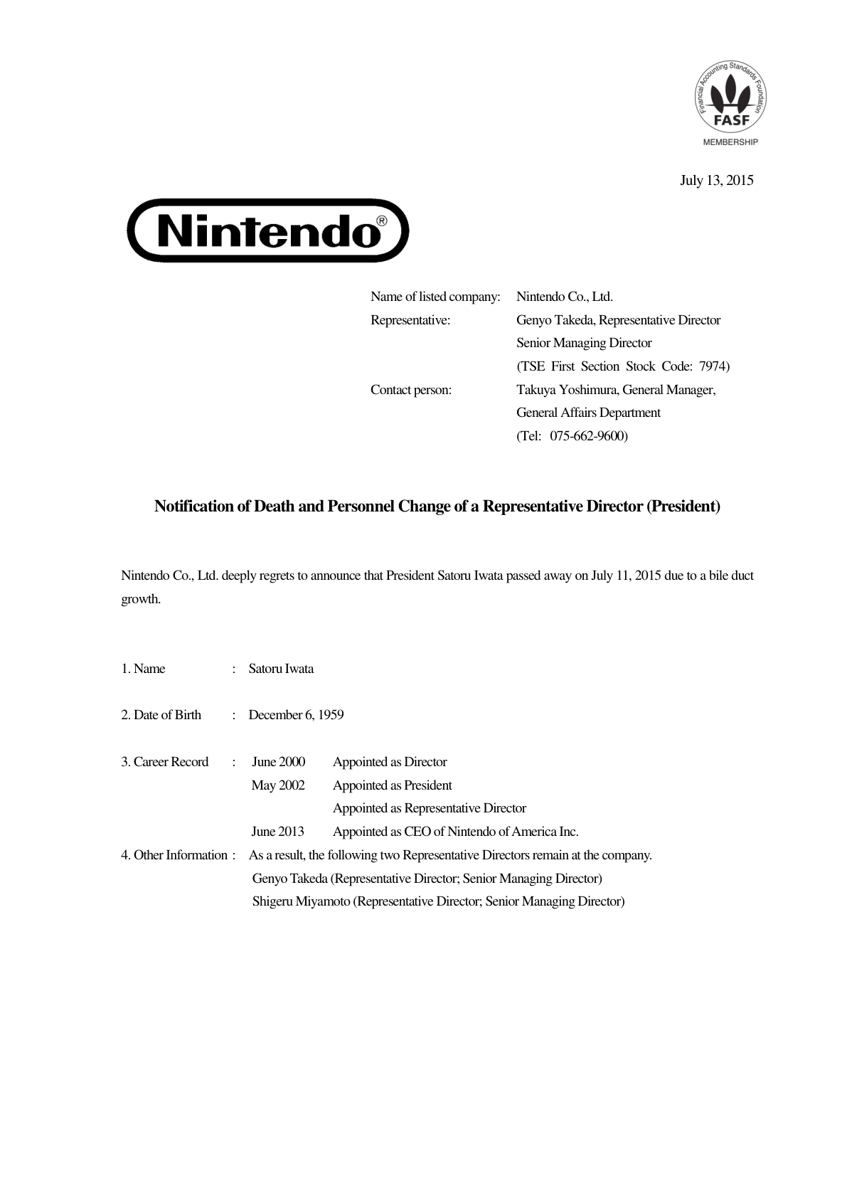 Offizielle Nintendo Börsenmitteilung zum Tod von Satoru Iwata