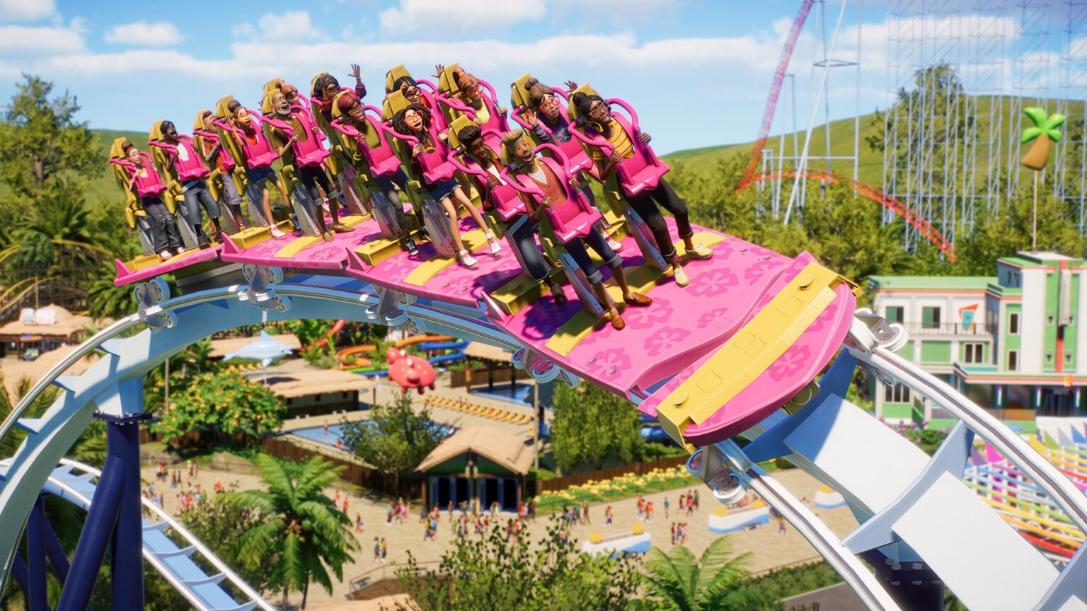 Planet Coaster 2 mit Wasserpark und Achterbahn