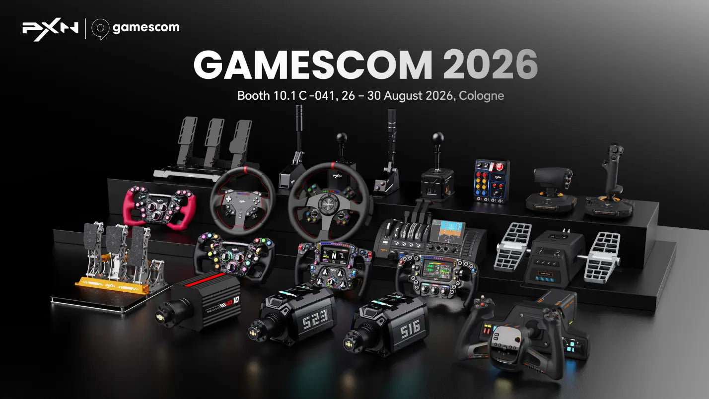 PXN-Simulationshardware mit Lenkrädern, Pedalen und Direct-Drive-Basen auf der gamescom 2026