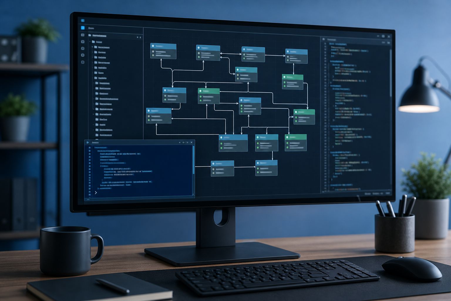Abstrakte Darstellung eines Projektabhängigkeitsdiagramms auf einem Entwicklerarbeitsplatz