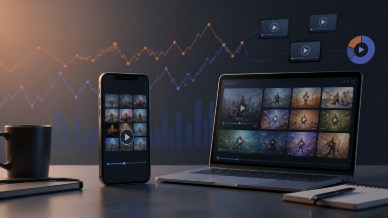 Smartphone und Laptop mit abstrakten Spielszenen und Diagrammen - Bild: XboxDev, KI-generierte neutrale Illustration
