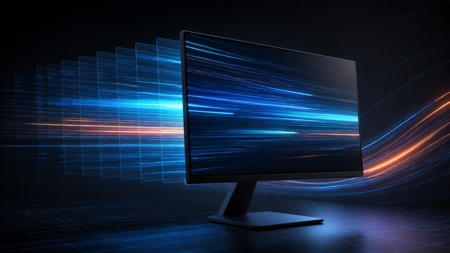 Gaming-Monitor mit abstrakten blauen und orangefarbenen Bewegungsspuren