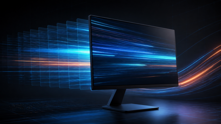 Gaming-Monitor mit abstrakten blauen und orangefarbenen Bewegungsspuren