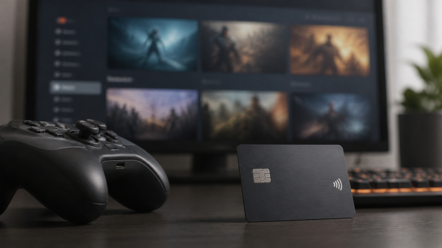 Zahlungsinfrastruktur neben einem digitalen Spiele-Store und Controller
