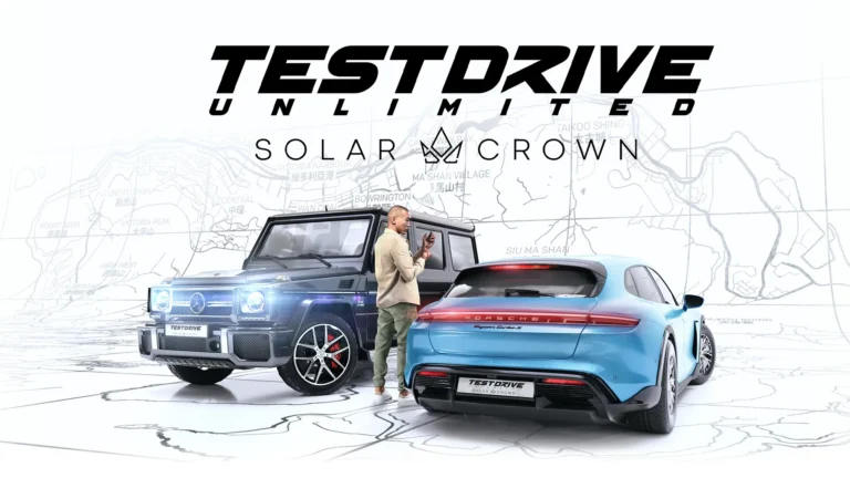 Test Drive Unlimited Solar Crown mit zwei Fahrzeugen vor einer Karte von Hongkong