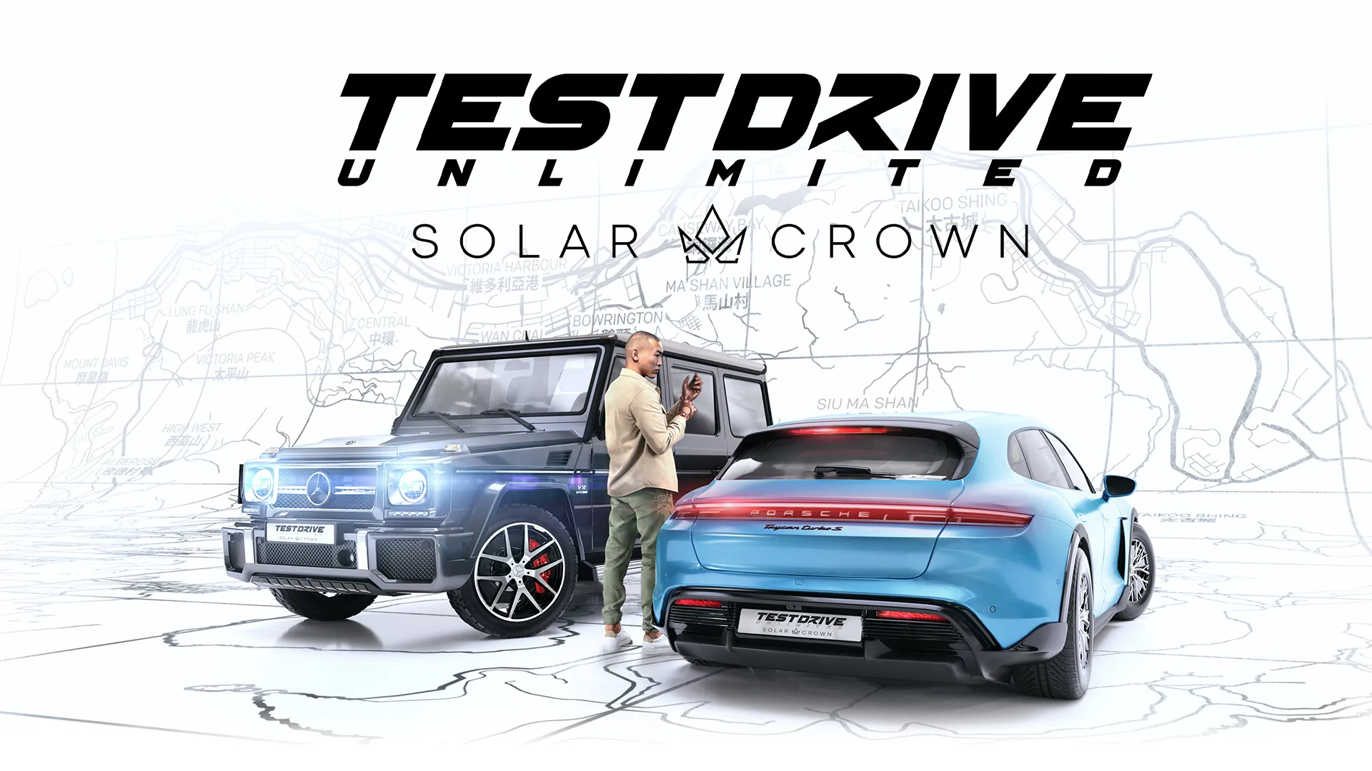 Test Drive Unlimited Solar Crown mit zwei Fahrzeugen vor einer Karte von Hongkong
