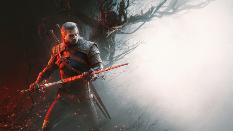 Geralt mit einer Kette vor einem düsteren Waldmotiv aus The Witcher 3: Wild Hunt – Songs of the Past