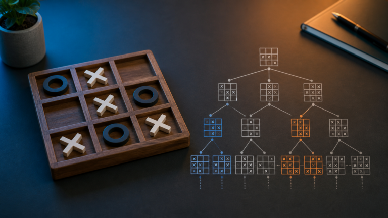 Tic-Tac-Toe-Spielbrett und Minimax-Suchbaum