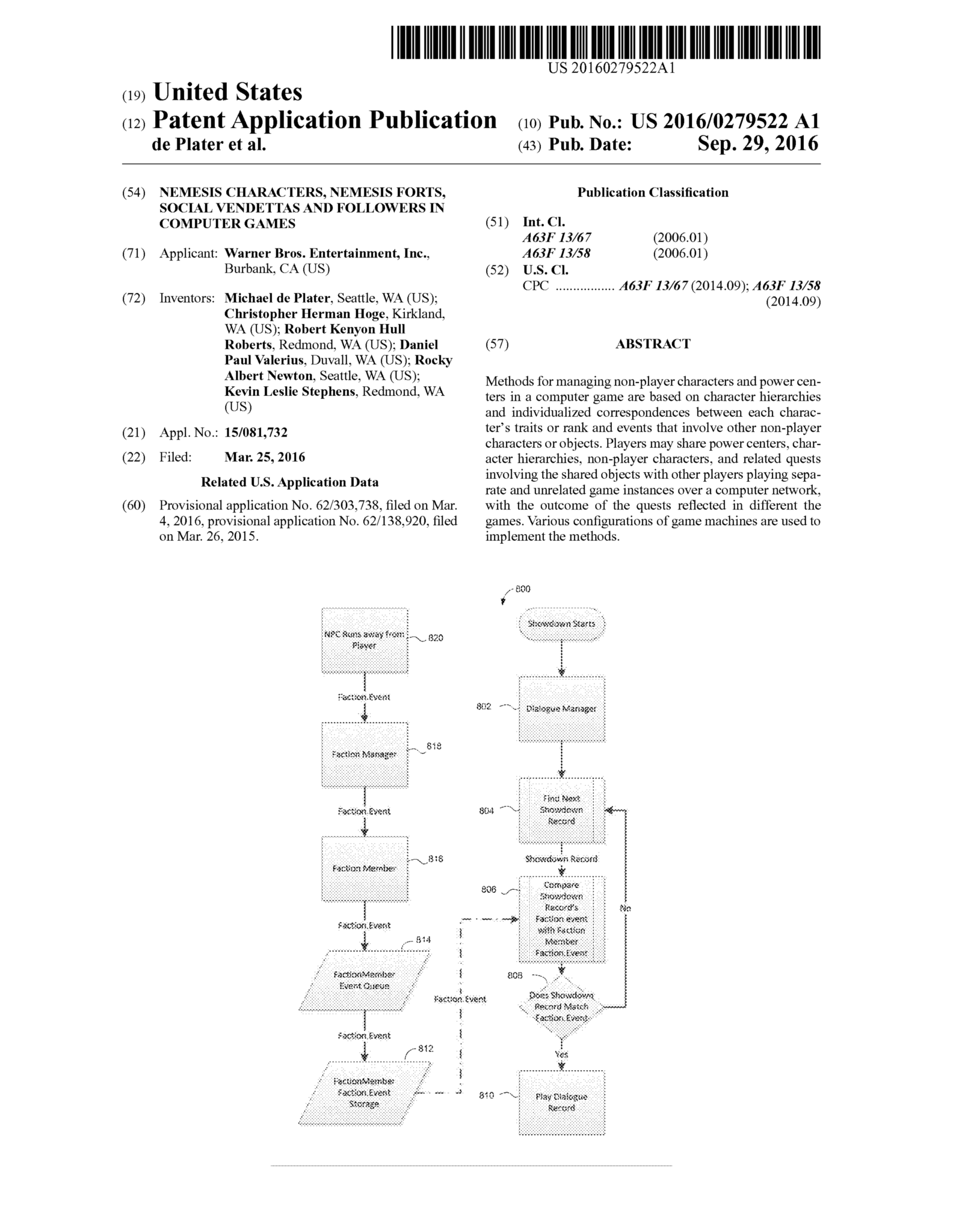 Titelseite des Warner-Bros.-Patents US20160279522A1 zum Nemesis-System
