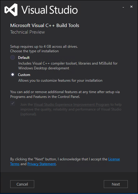 Visual C++ Build Tools 2015 für eigenständige Build-Umgebungen