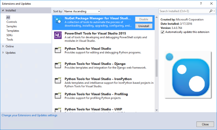 Erweiterungsverwaltung in Visual Studio 2015 Update 2 als Symbolbild zur Entwicklungsumgebung - Bild: Microsoft Visual Studio Release Notes