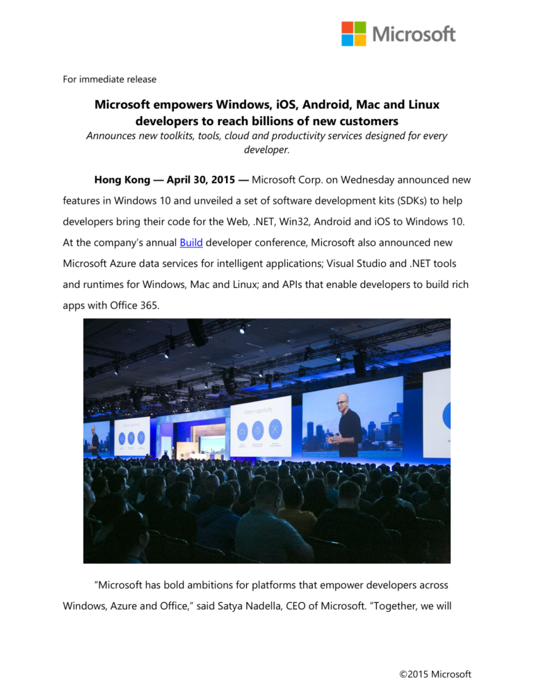 Deckblatt der offiziellen Microsoft Pressemitteilung zu Visual Studio Code auf der Build 2015 - Bild: Microsoft