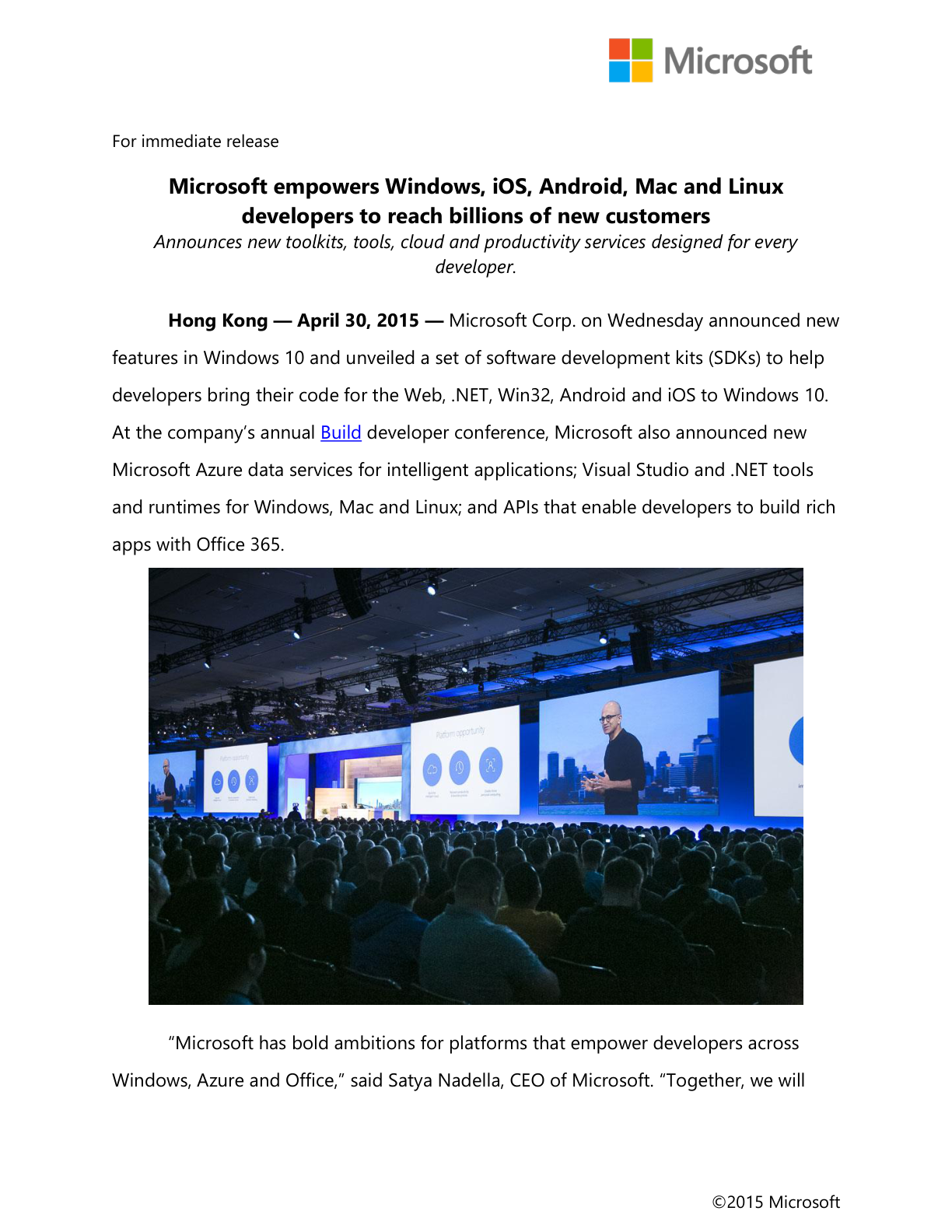 Deckblatt der offiziellen Microsoft Pressemitteilung zu Visual Studio Code auf der Build 2015 - Bild: Microsoft