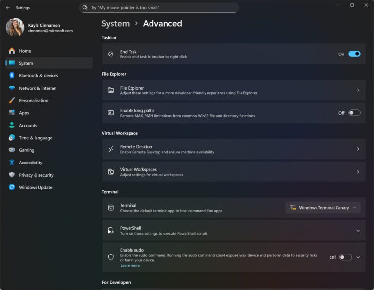 Windows Advanced Settings mit Git-Anzeige im Datei-Explorer - Bild: Kayla Cinnamon, Microsoft Developer auf X