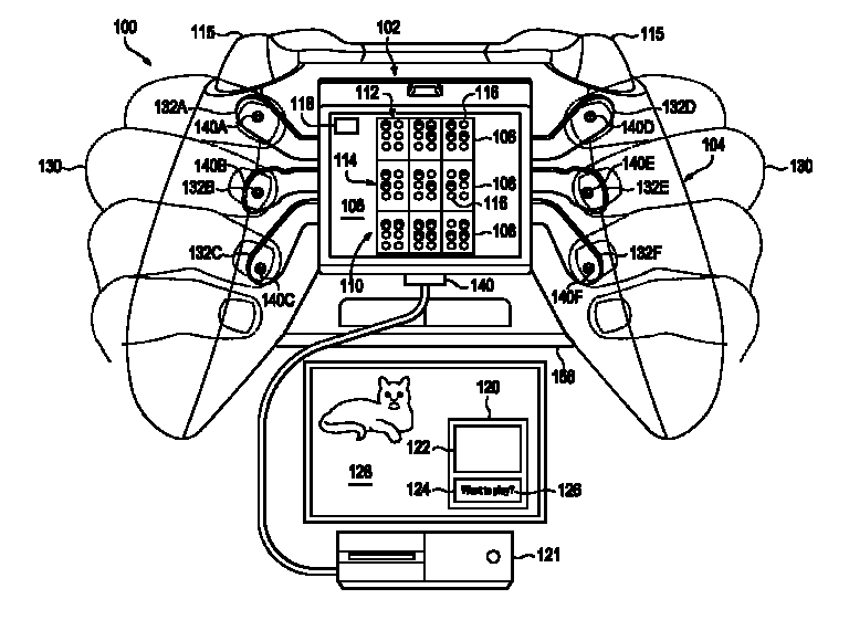 Patentzeichnung eines Xbox-Controllers mit haptischer Braille-Ausgabe - Bild: Microsoft Technology Licensing / Google Patents