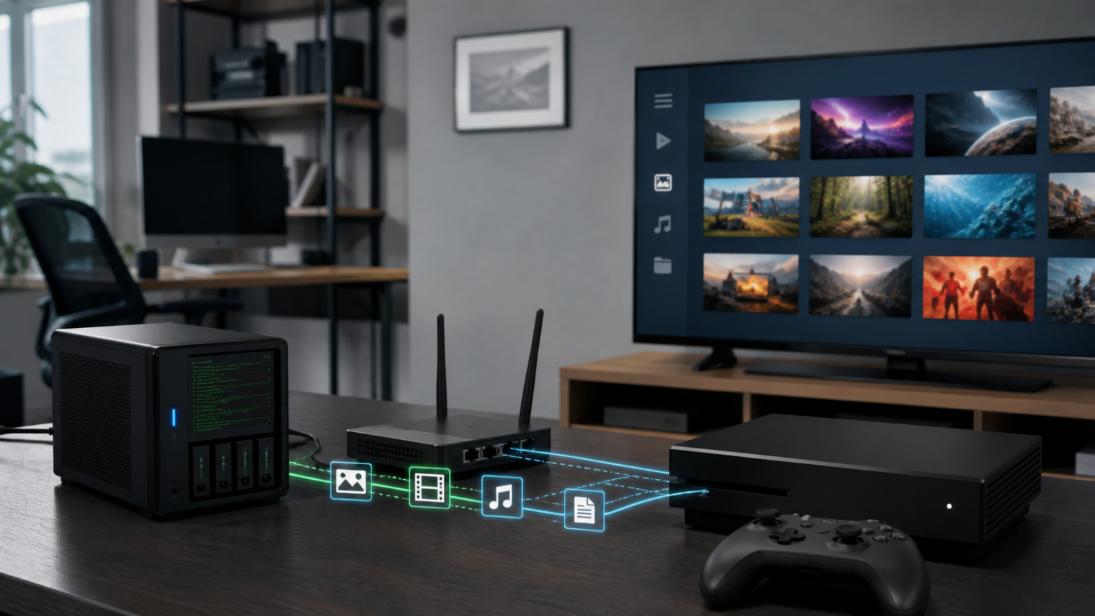 DLNA-Medienstreaming zwischen Linux-Server und Xbox One - Bild: XboxDev, KI-generiert