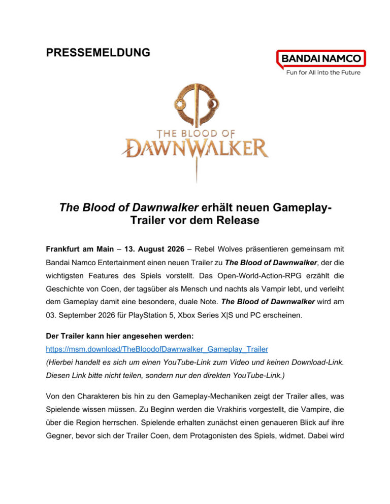 Features-Trailer-Pressemitteilung zu The Blood of Dawnwalker - Bild: Rebel Wolves und Bandai Namco