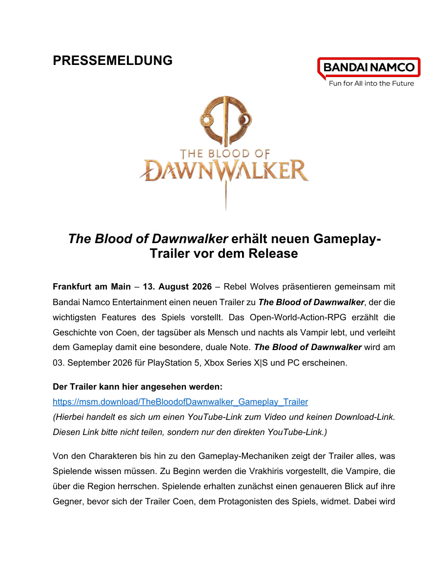 Features-Trailer-Pressemitteilung zu The Blood of Dawnwalker - Bild: Rebel Wolves und Bandai Namco