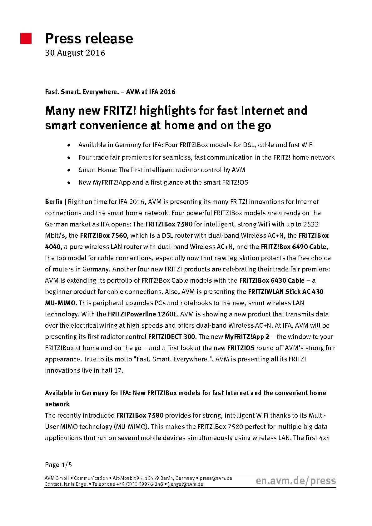 AVM IFA 2016 Pressemitteilung - Bild: AVM