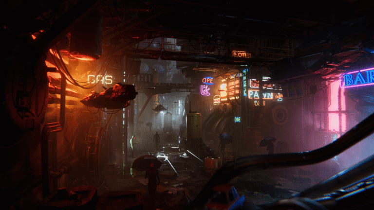 Unity-Demo Neon mit einer beleuchteten Cyberpunk-Umgebung