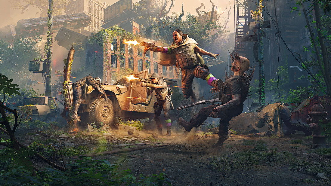 Bewaffnete Einsatzkräfte kämpfen in einer überwucherten Stadt im Keyart zum Active-Matter-Update