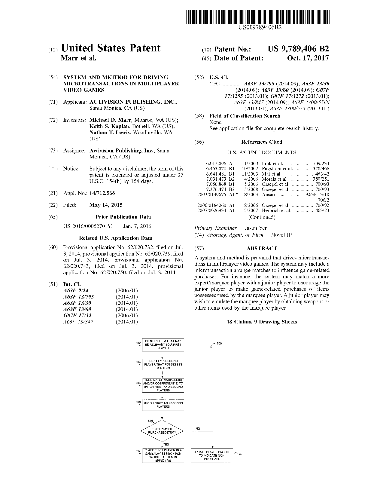 Titelseite des Activision-Patents US9789406 - Bild: United States Patent and Trademark Office