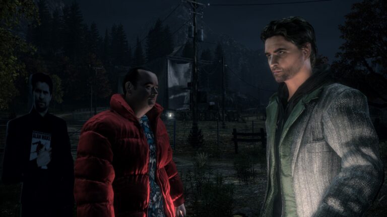 Alan Wake steht neben Barry vor einem nächtlichen Industriegebäude