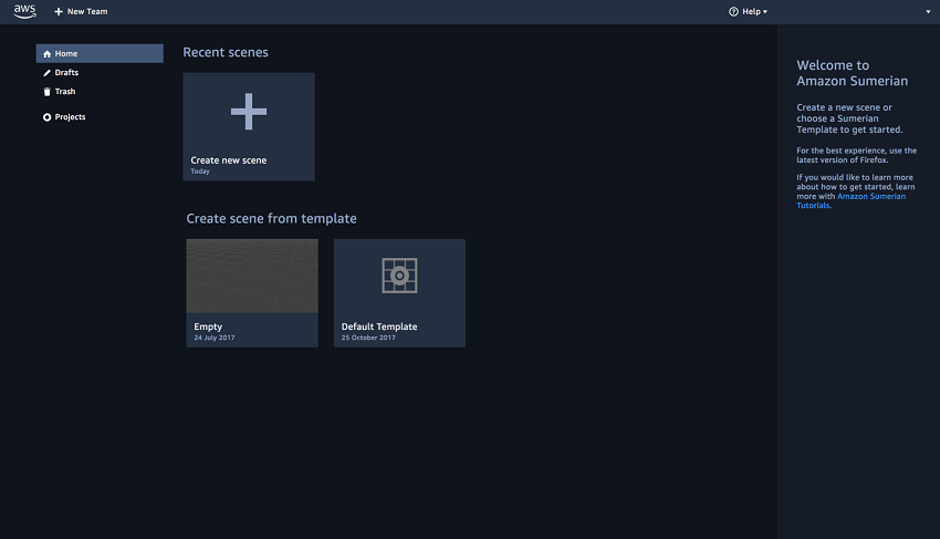 Amazon Sumerian Dashboard für VR-, AR- und 3D-Szenen - Bild: AWS