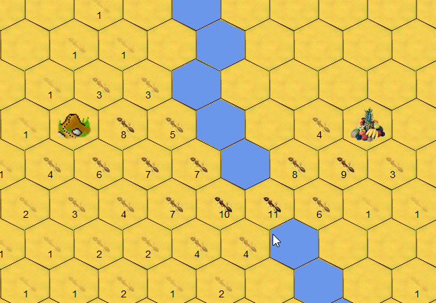 Ameisenkolonie-Algorithmus auf einem hexagonalen Pfadfindungsfeld - Bild: Developer-Blog