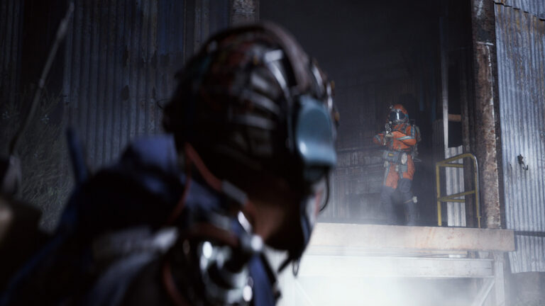 Zwei bewaffnete Raider begegnen sich in einer Industrieanlage in ARC Raiders