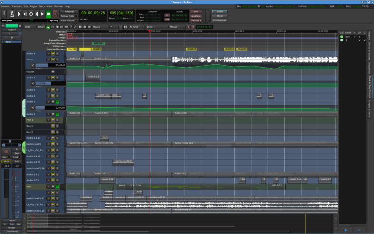 Ardour-5-Editor mit Audiospuren, Wellenformen und Automationskurven