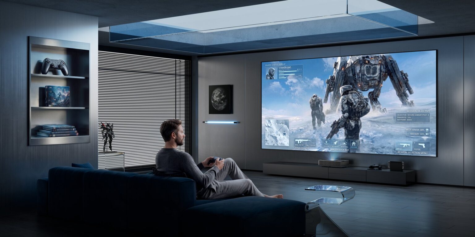 Spieler nutzt den Ultra-Kurzdistanzprojektor AWOL LuxVision in einem großen Gaming-Zimmer
