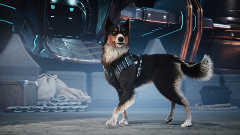Hundeagent T.H.U.N.D.E.R. mit Einsatzgeschirr in einer futuristischen Umgebung