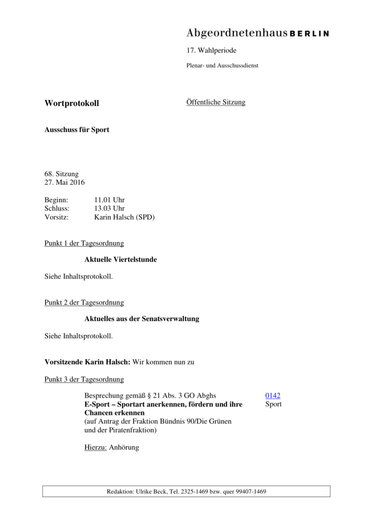Titelseite des Wortprotokolls zur Sportausschuss-Sitzung vom 27. Mai 2016 - Bild: Abgeordnetenhaus von Berlin