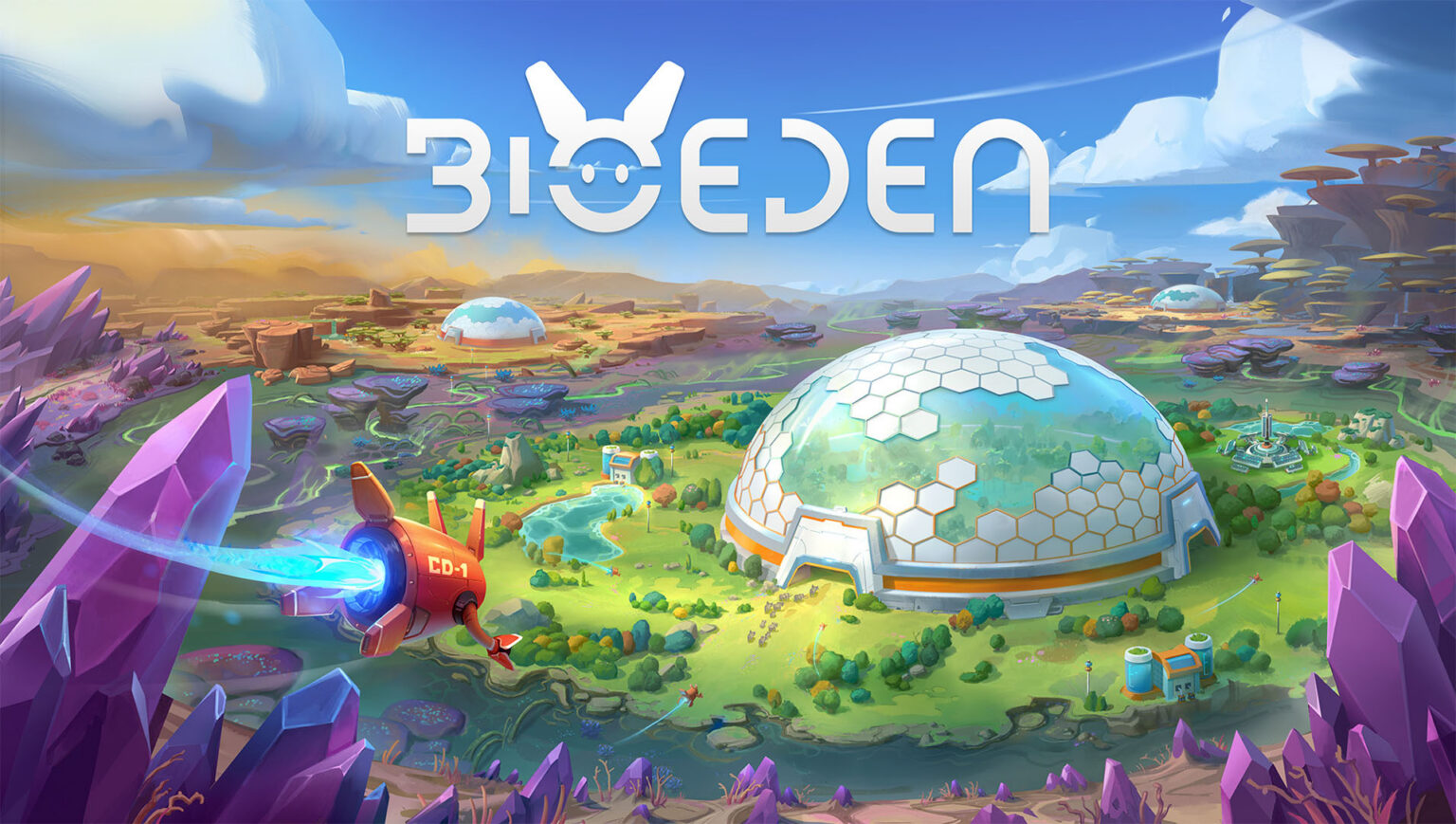 BioEden-Key-Art mit begrüntem Planeten, Biodomen und schwebender Sonde