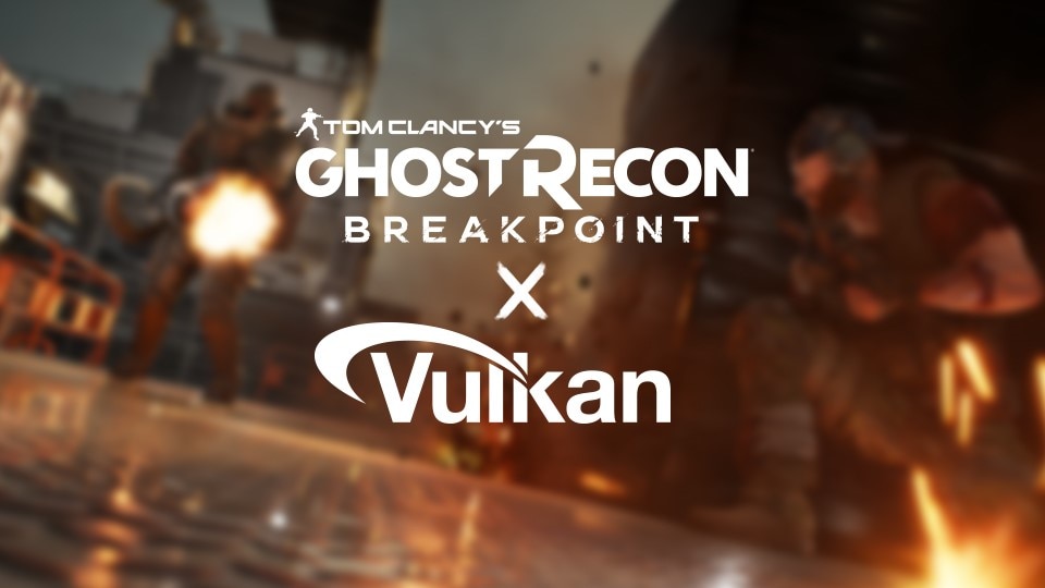 Logos von Ghost Recon Breakpoint und Vulkan vor einer Kampfszene