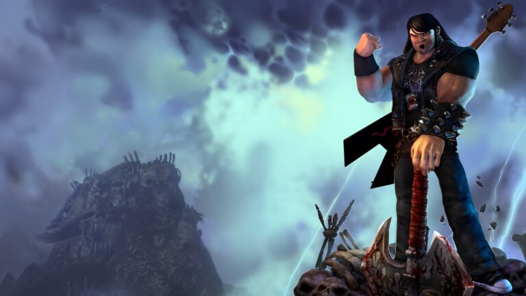 Eddie Riggs aus Brütal Legend mit Gitarre und Axt vor einer düsteren Fantasy-Landschaft