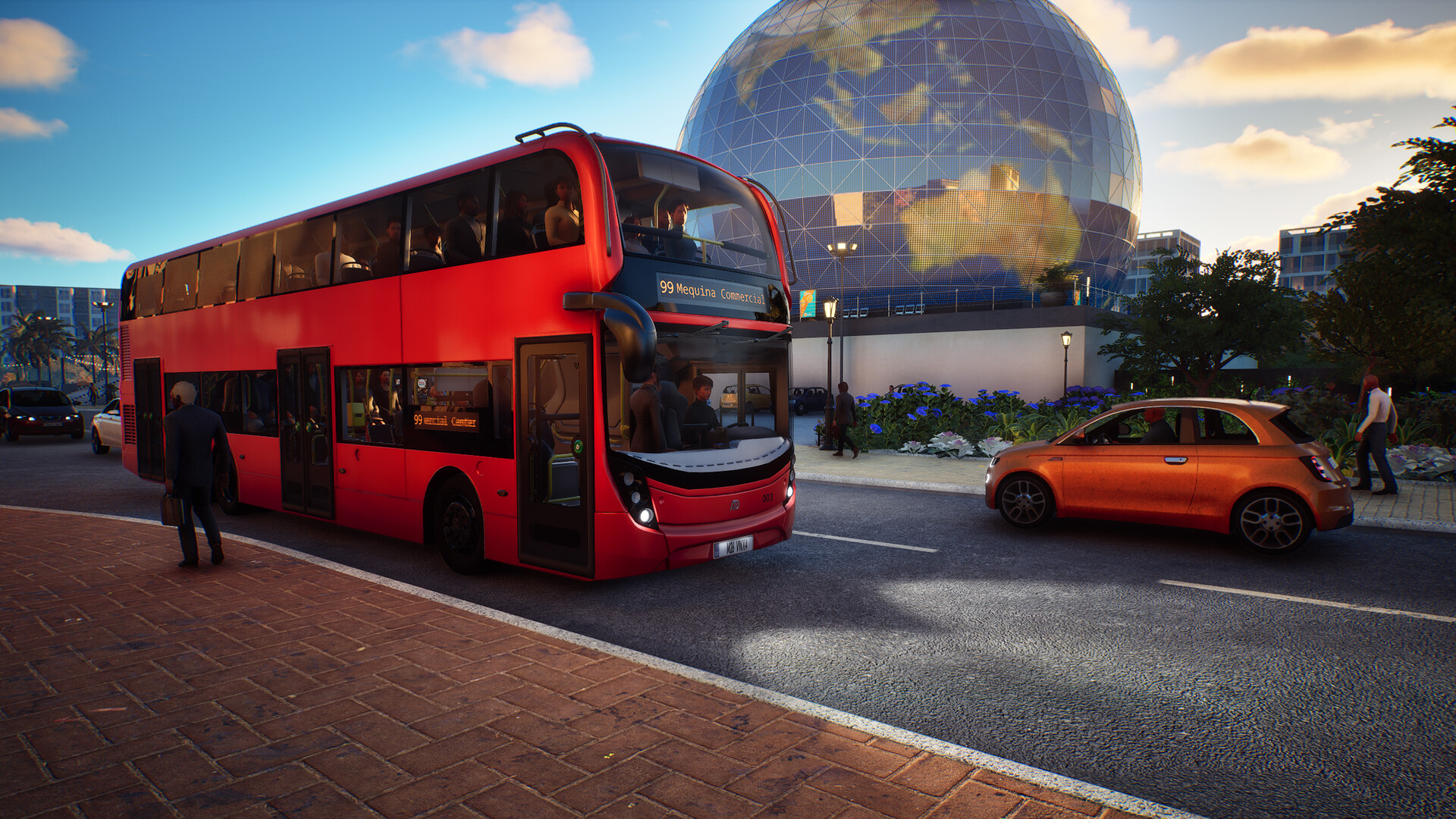 Roter Doppeldecker mit Fahrgästen an einer Haltestelle in Bus Simulator 27