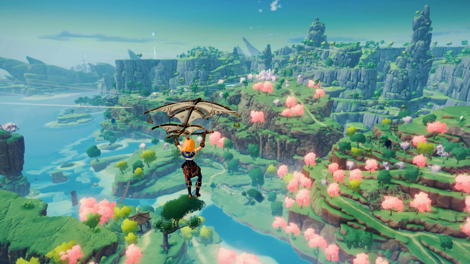 Spielfigur gleitet in Craftopia über grüne Felsen und rosa blühende Bäume