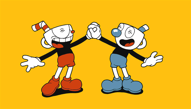 Offizielle Cuphead-Grafik von 2017 mit Cuphead und Mugman auf gelbem Hintergrund zur Zwei-Millionen-Verkaufsmeldung - Bild: Studio MDHR