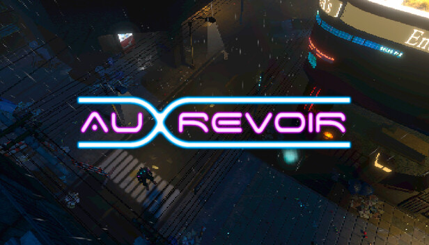 Au Revoir: Logo über einer nächtlichen Cyberpunk-Straßenszene - Bild: Invisible Studio