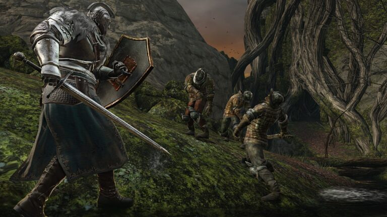 Gepanzerter Kämpfer mit Schwert und Schild vor Untoten in Dark Souls II