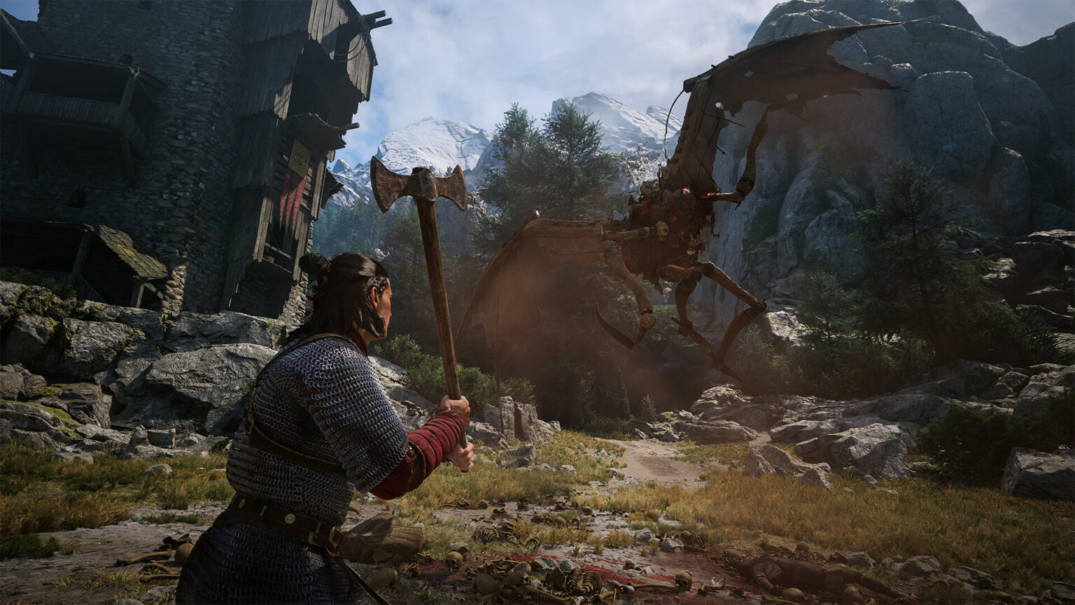 Coen mit einer Axt vor einem geflügelten Gegner in The Blood of Dawnwalker