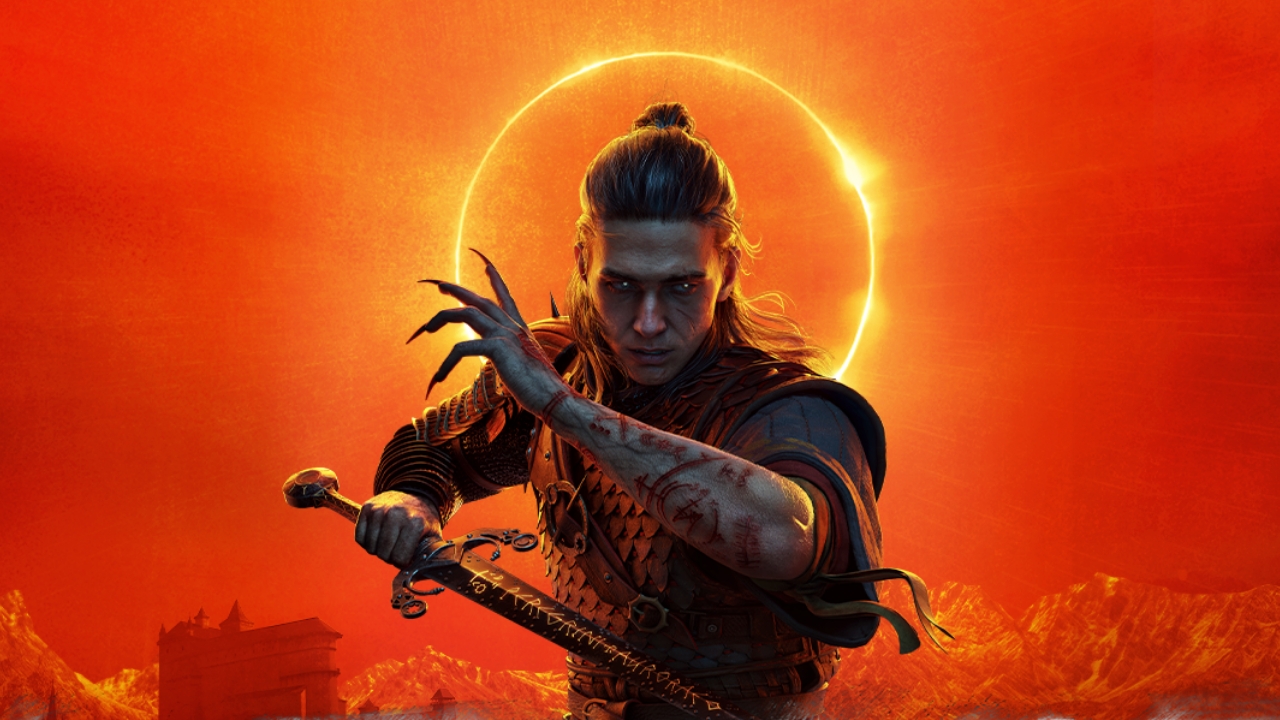 Coen aus The Blood of Dawnwalker vor einer orangefarbenen Sonnenfinsternis
