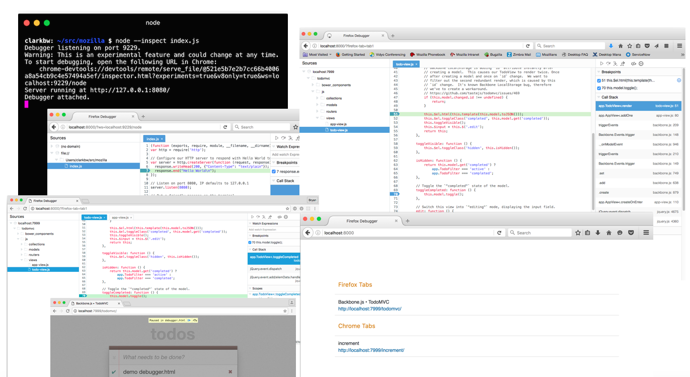 JavaScript-Debugger debugger.html mit Firefox-, Chrome- und Node.js-Zielen - Bild: Mozilla / Bryan Clark, CC BY-SA 3.0